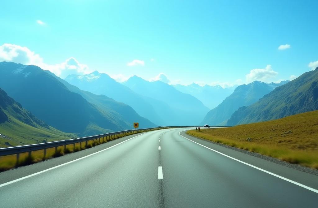 Szenische Ansicht einer österreichischen Autobahn, die sich durch die Alpen unter blauem Himmel windet.