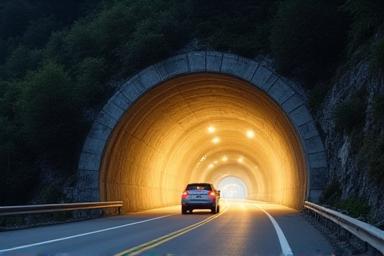 Auto fährt in einen beleuchteten Tunnel.